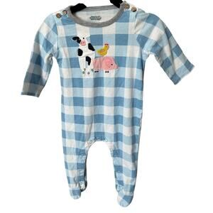 Mud Pie Blue/White Checkered Cotton Farm Animals Appliqué Footie -3-6 Months